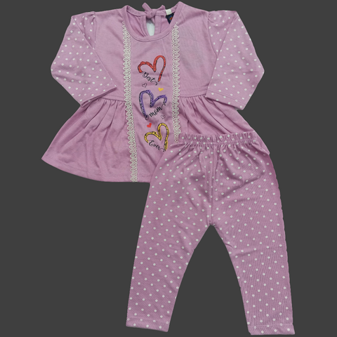 2 Pieces - Frock Set - Heart & Circles - Purple